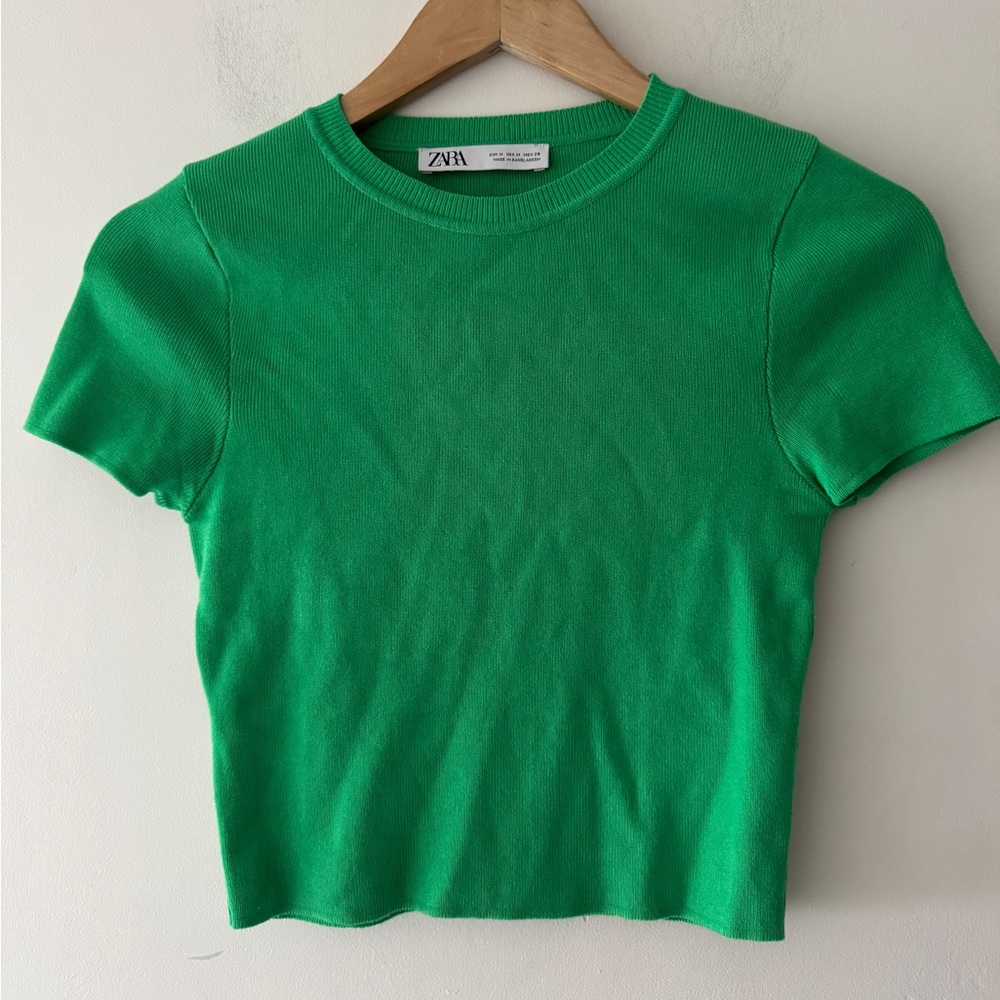 Zara Green Knit Baby Tee - Knit Short Sleeve‎ Ribbed Crop Top